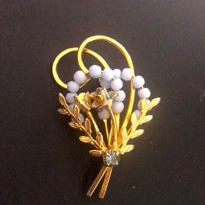 Vintage Austrian Gold Tone Floral Brooch Simulated Aquamarine Stone Lapel Pin
